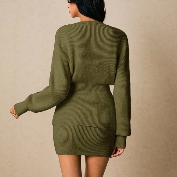 Army Green Casual Women's Cardigan and Skirt Set - Picture 2 of 8